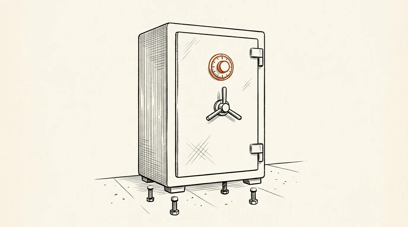 Illustration of a heavy home safe with a dial and spoked handle, bolted to a concrete floor