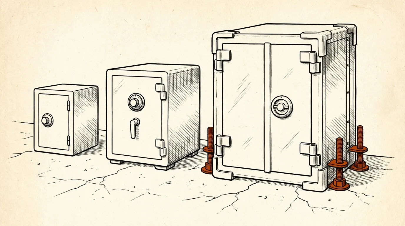 Three safes in increasing size and wall thickness, the largest bolted to a concrete floor