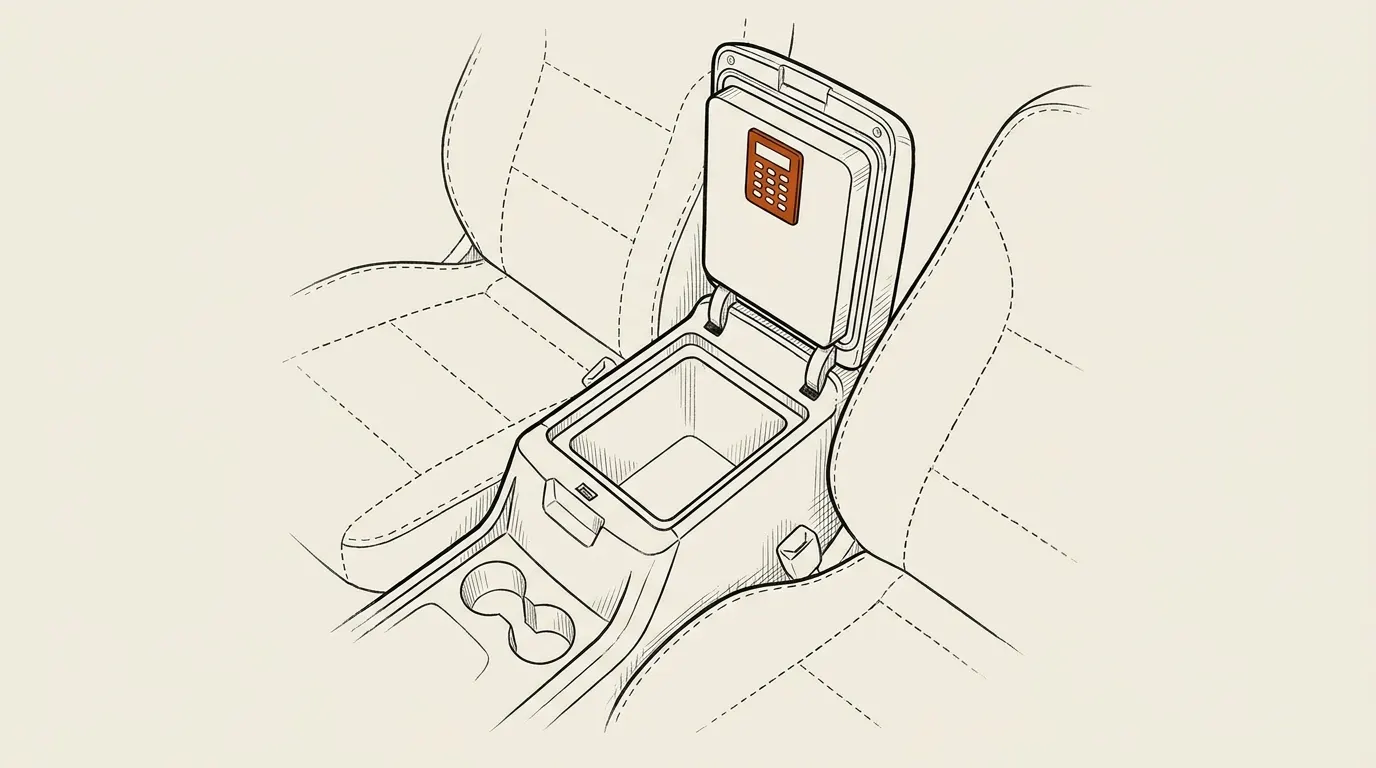 Car center console opened to show a fitted steel safe liner with a keypad lid