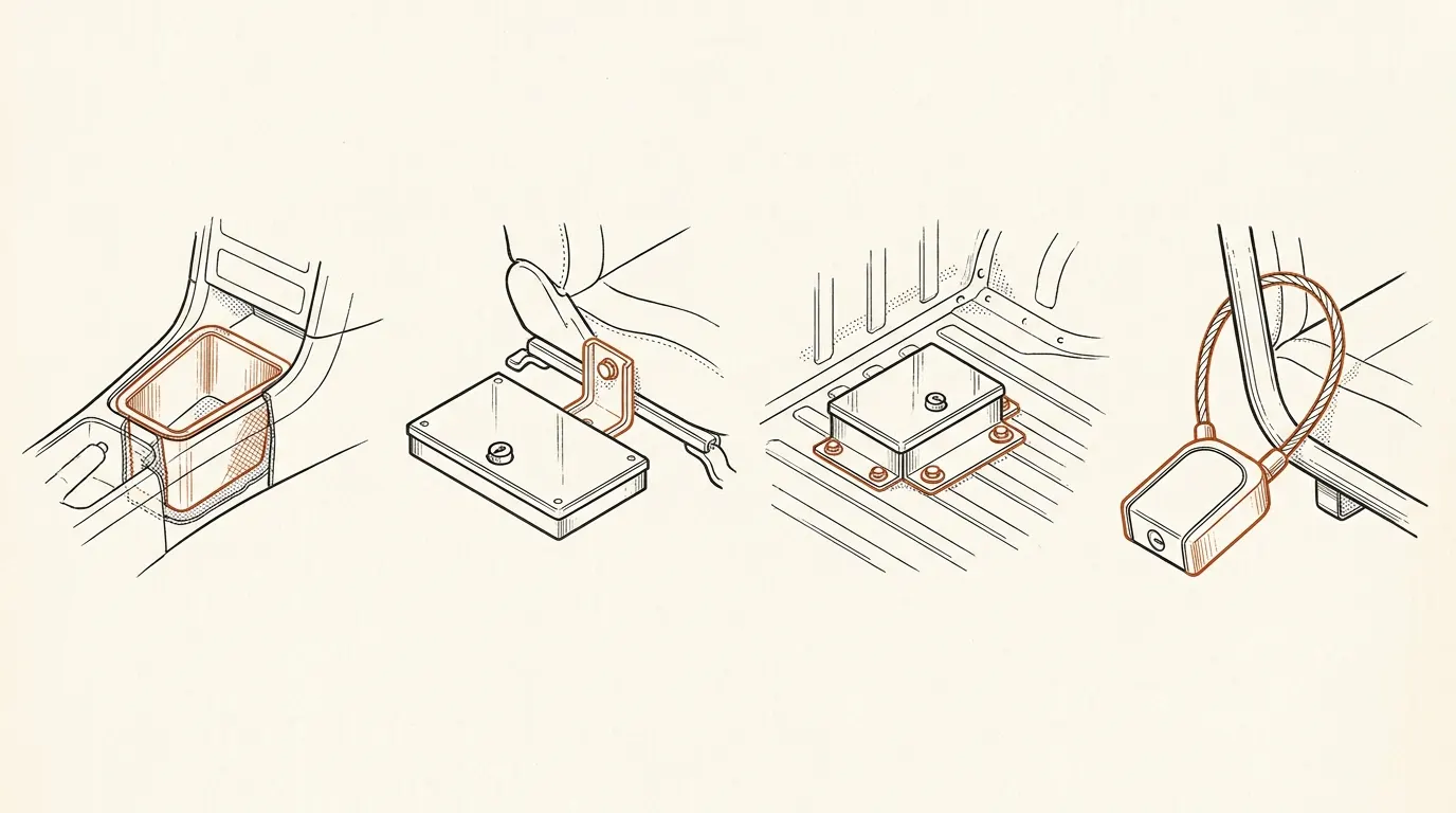 Four ways to mount a car safe: console liner, under-seat bracket, trunk bolt-down, and a cable around a seat frame