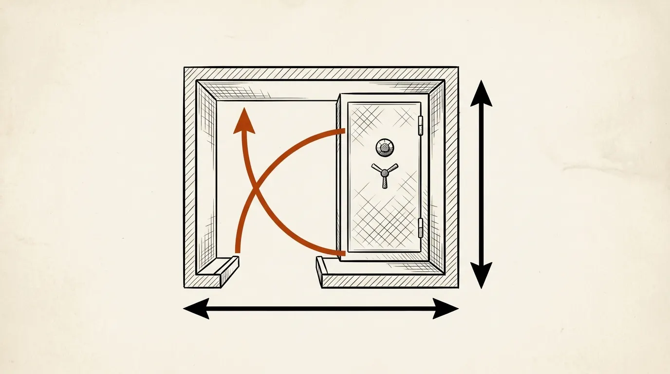 Plan diagram of a closet showing door opening, depth and the safe door's swing arc