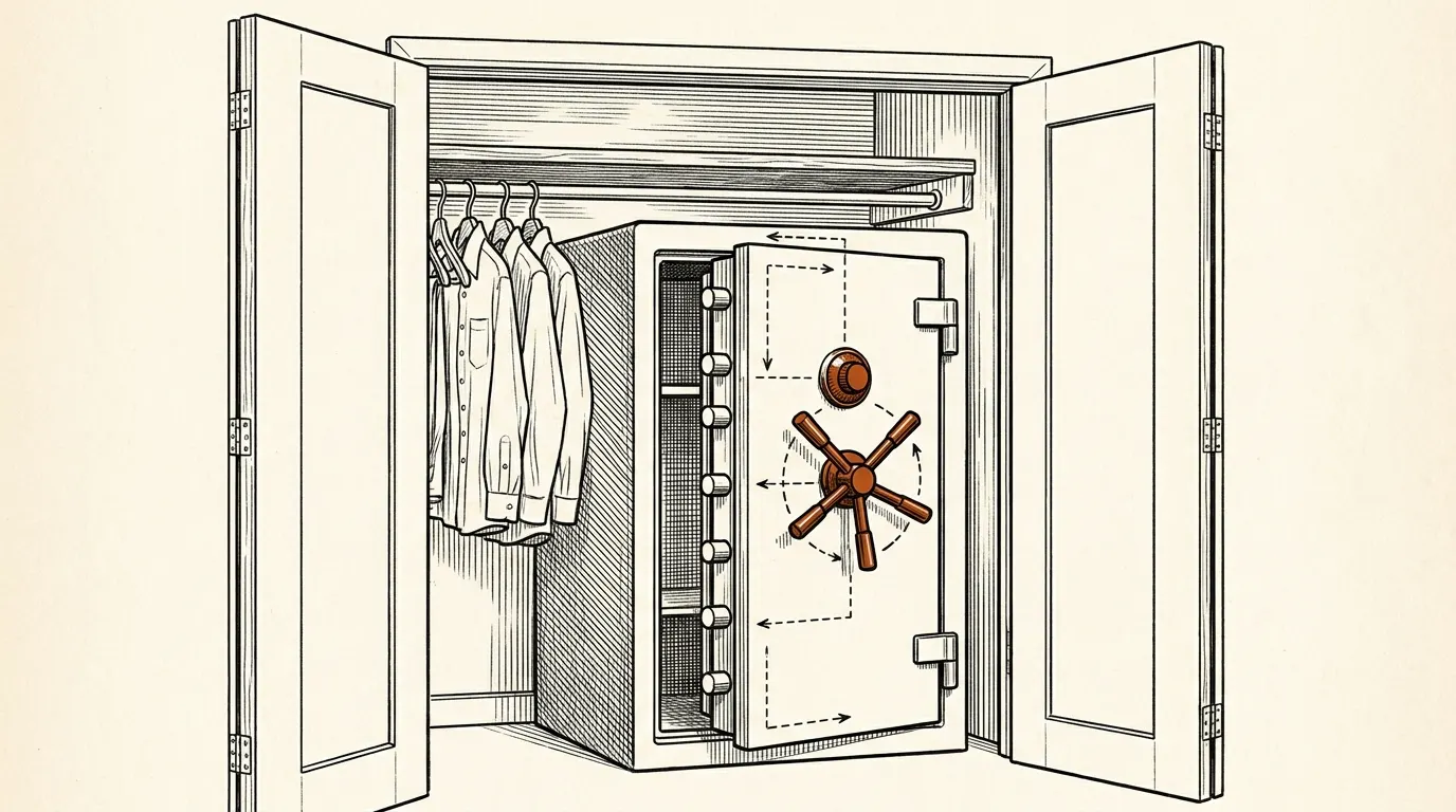 Tall gun safe standing inside an open bedroom closet under the shelf and clothes rod