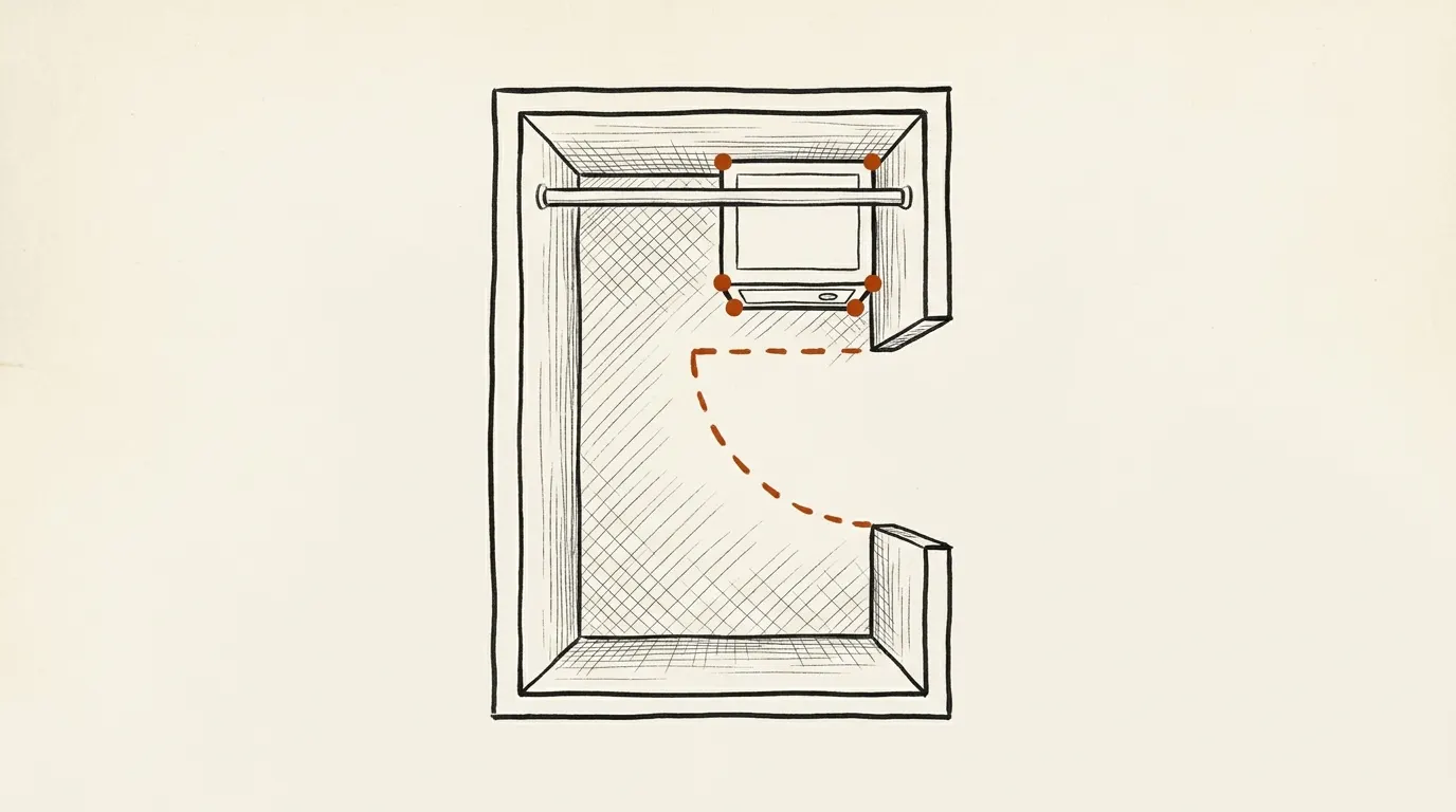 Plan view of a closet with a safe placed so its door swings fully open, anchored at four corners