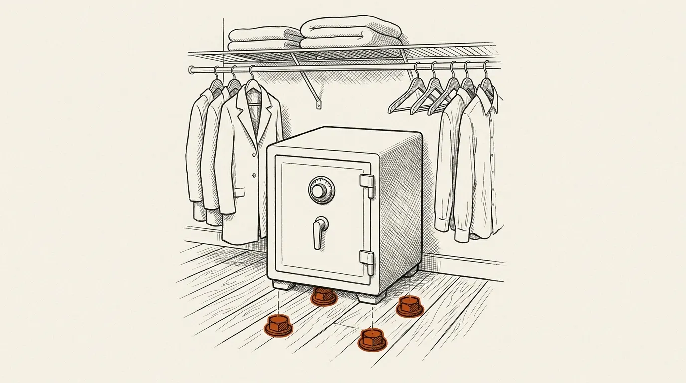 Compact home safe on a closet floor under hanging clothes, bolted down at its base