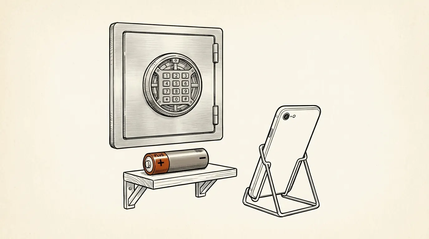 Fresh alkaline battery and a phone on a stand facing a safe keypad, ready to record a video