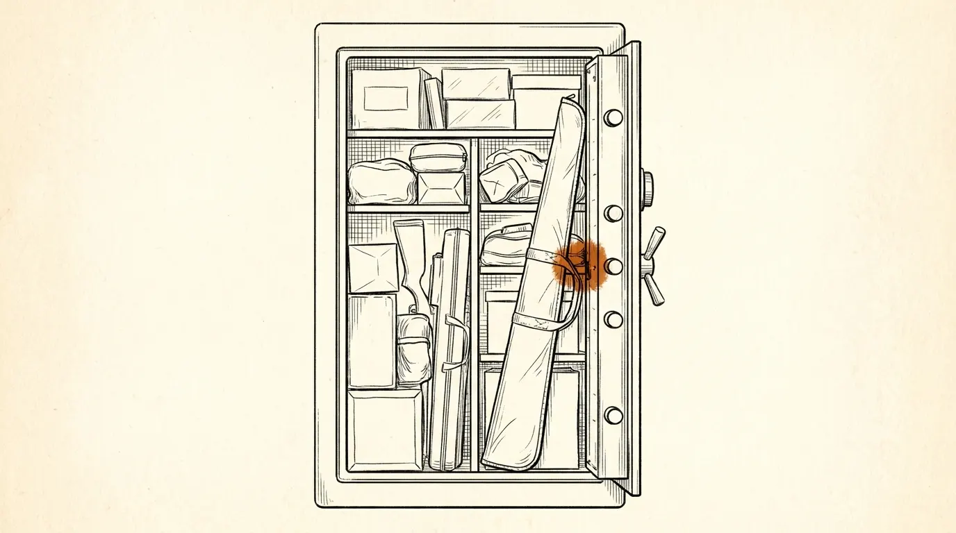 Cutaway of an overloaded gun safe with contents pressing against the inside of the door
