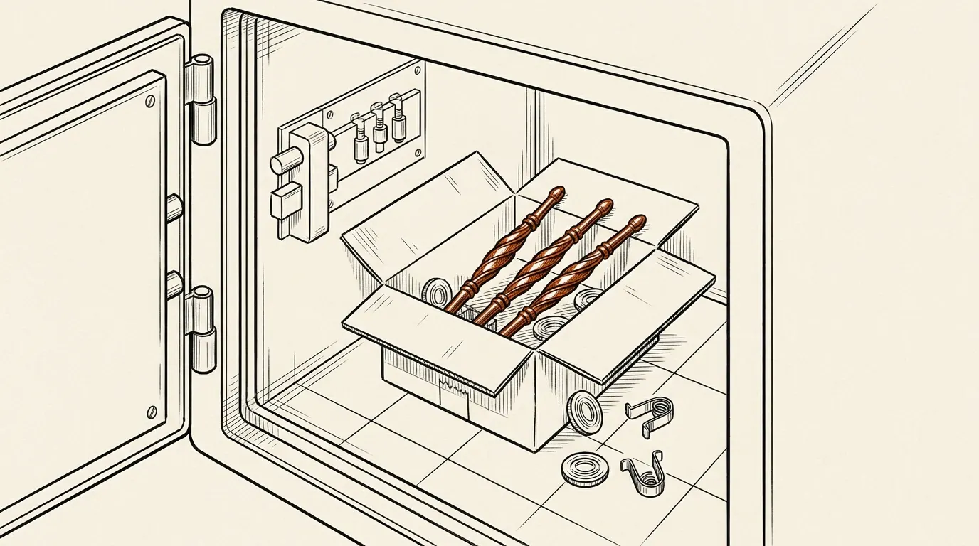 Small box with loose safe handle spokes, floor plugs and shelf clips inside an empty safe