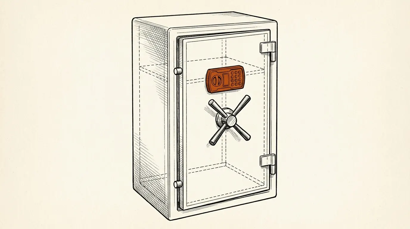 Closed gun safe with an electronic keypad above a spoked door handle