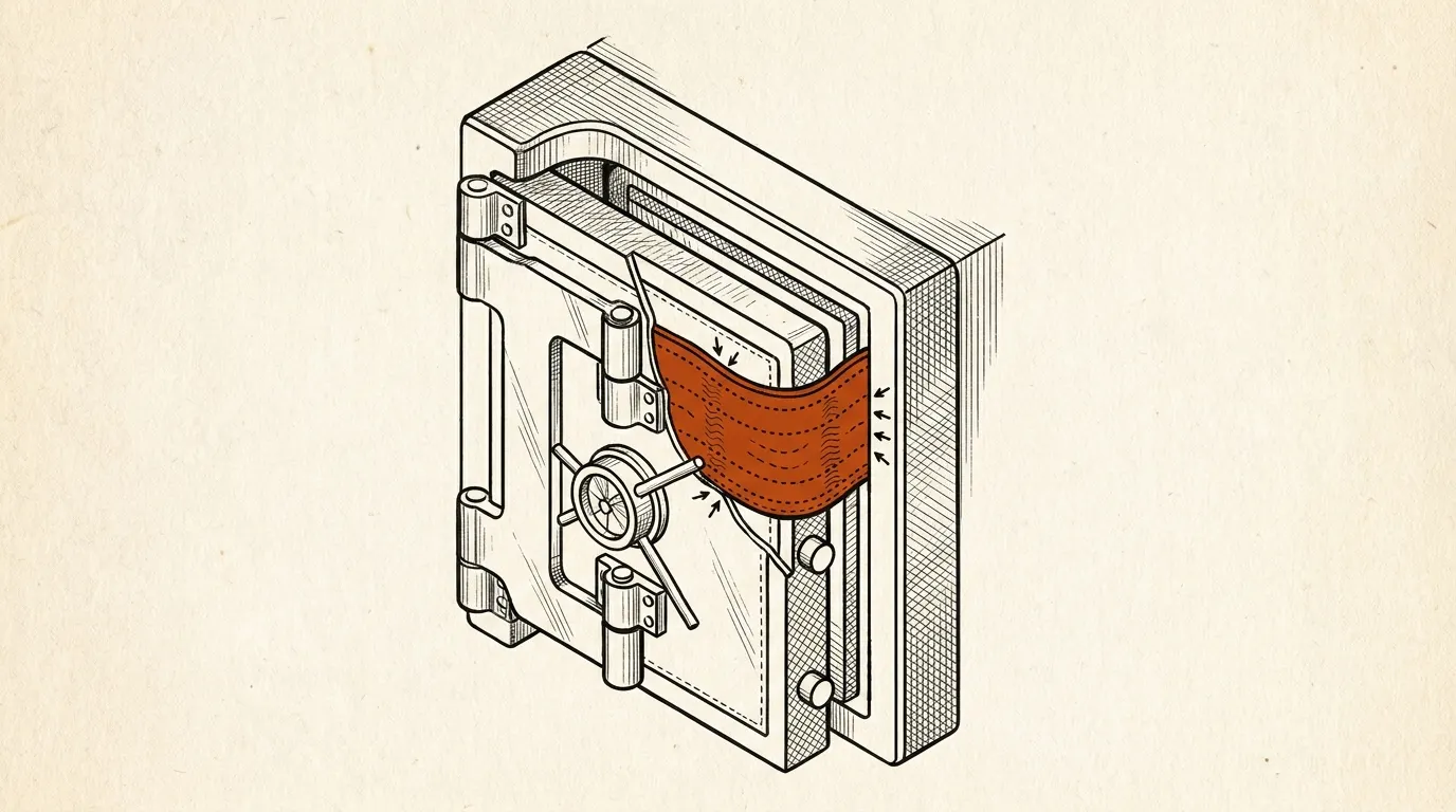 Cutaway of a safe door edge with an expanding seal strip filling the gap to the frame