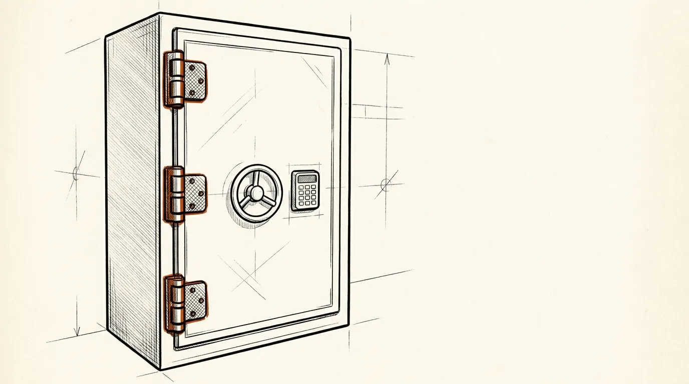 Closed gun safe seen from the hinge side with external barrel hinges on the door edge