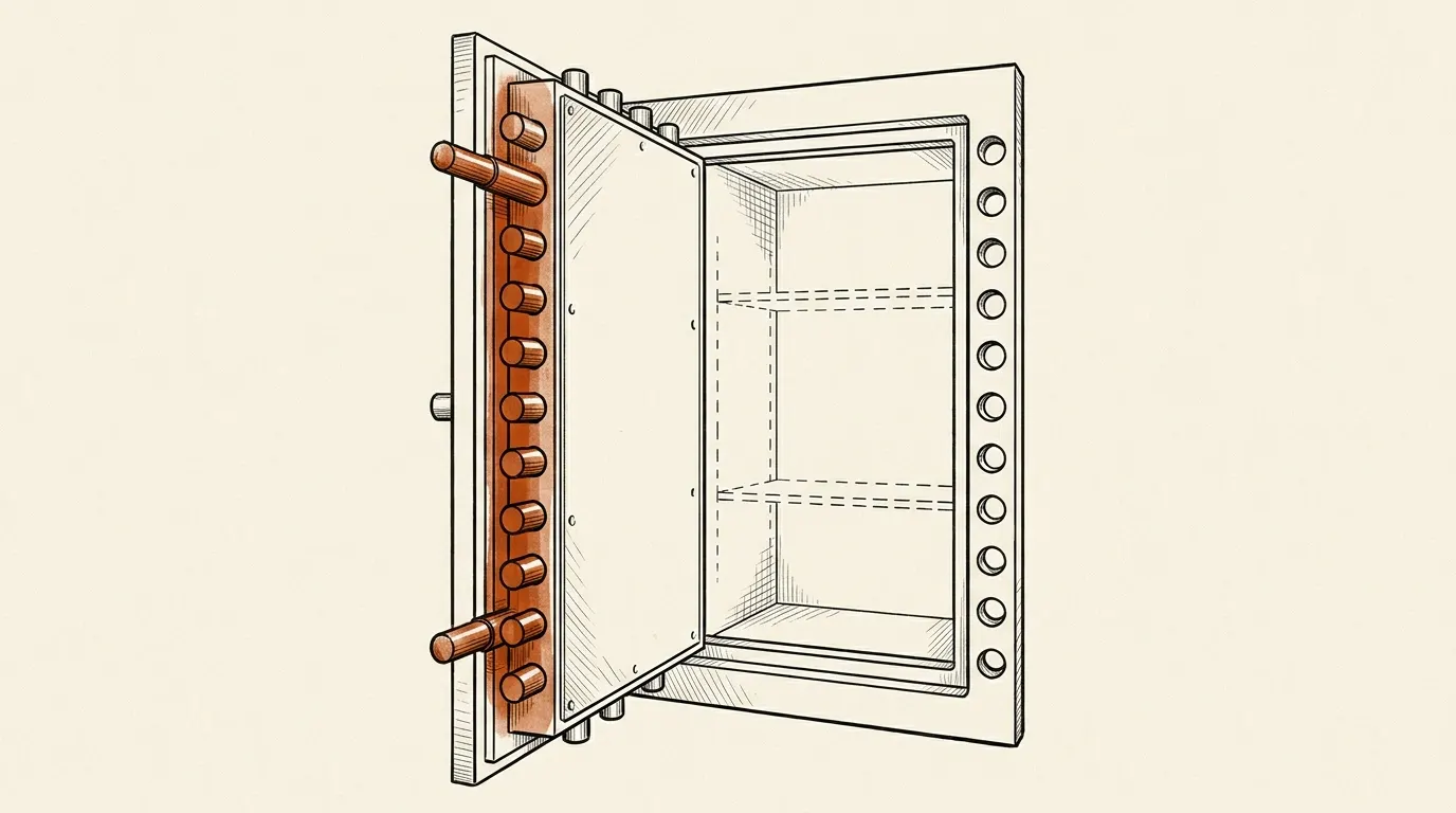 Open safe door edge with locking bolts on the hinge side as well as the opening side