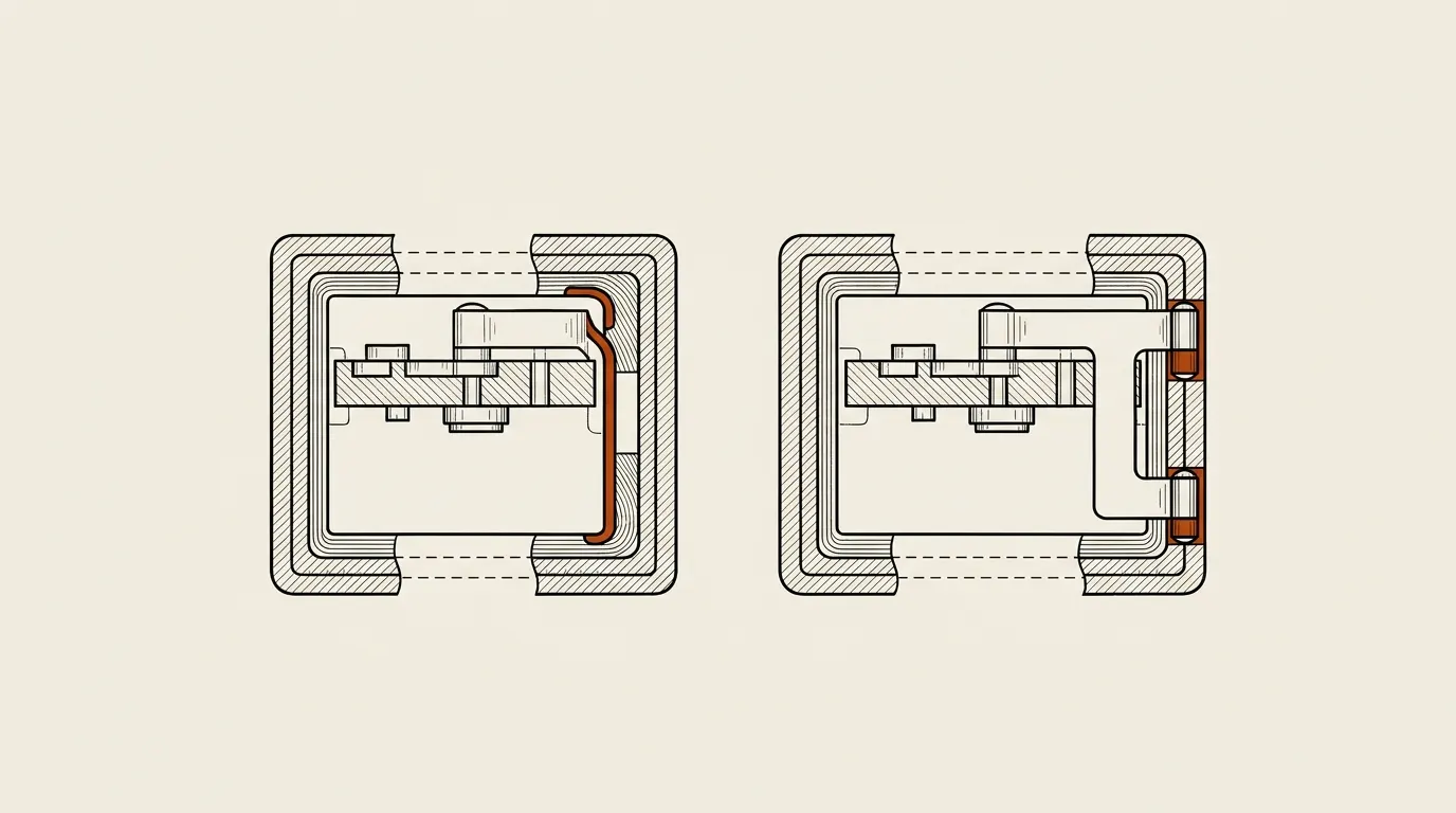 Top-down diagram comparing a hidden internal hinge with an external hinge on a safe door