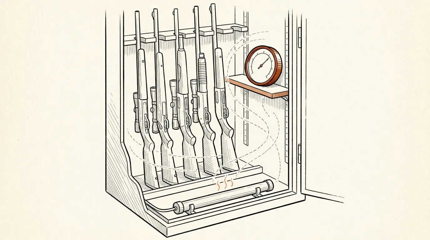 Safe interior with space between guns, a dehumidifier rod at the bottom and a hygrometer on a shelf