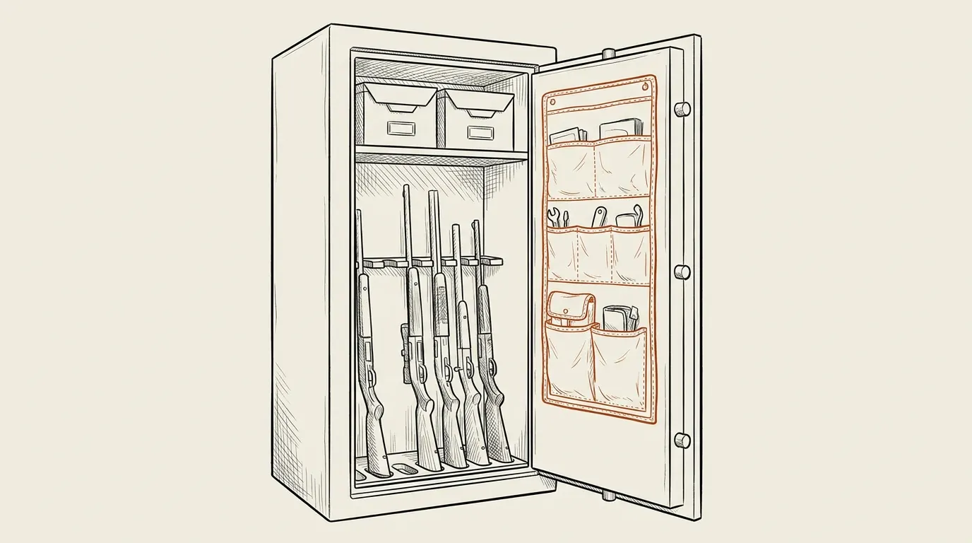 Illustration of an open gun safe with organized shelves, barrel rests and a door pocket panel