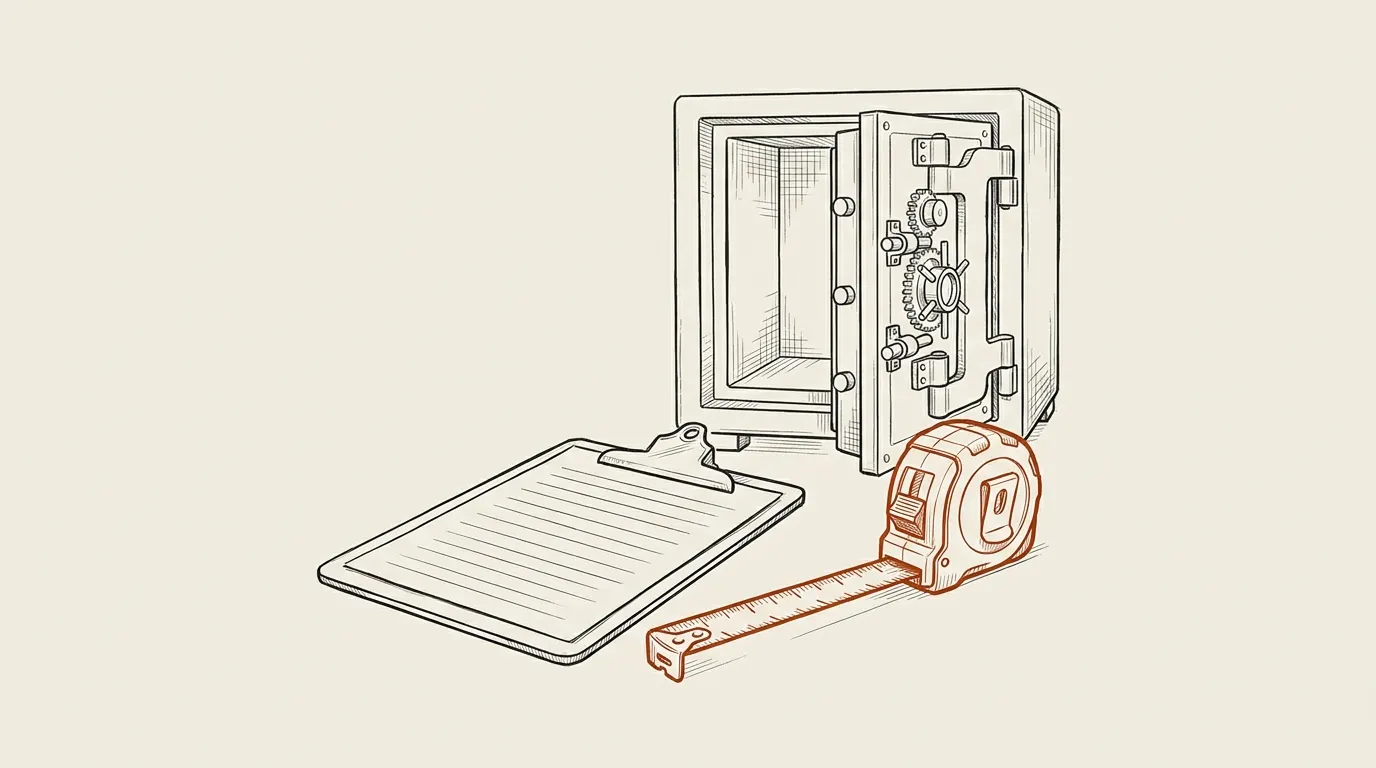 An empty open safe with a clipboard inventory sheet and a tape measure in front
