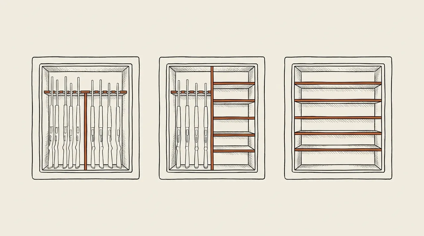 Three diagrams of one safe interior set up for long guns, a mix, and all shelving