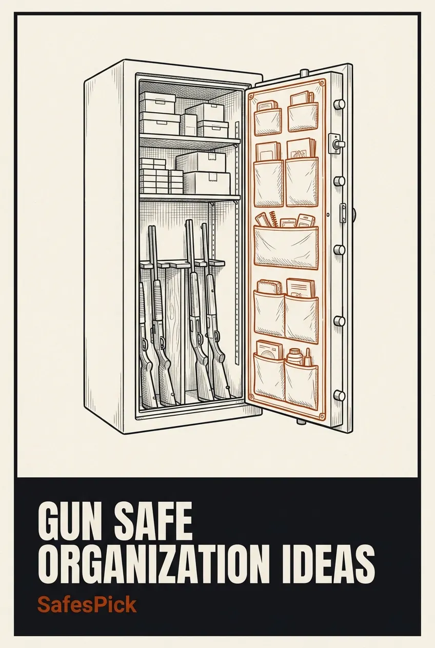 Pinterest pin: gun safe organization ideas, a tidy open safe interior