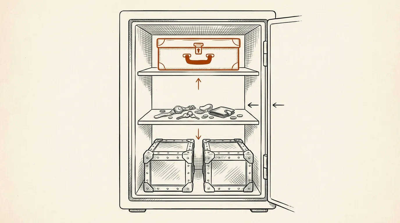 Diagram of safe interior zones: documents high, everyday items at eye level, heavy items low