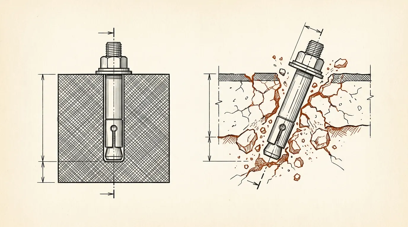 Sketch comparing an anchor held in solid concrete with one pulling out of weak concrete