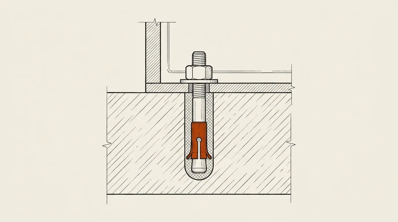 Cross-section diagram of a wedge anchor holding a safe floor to a concrete slab