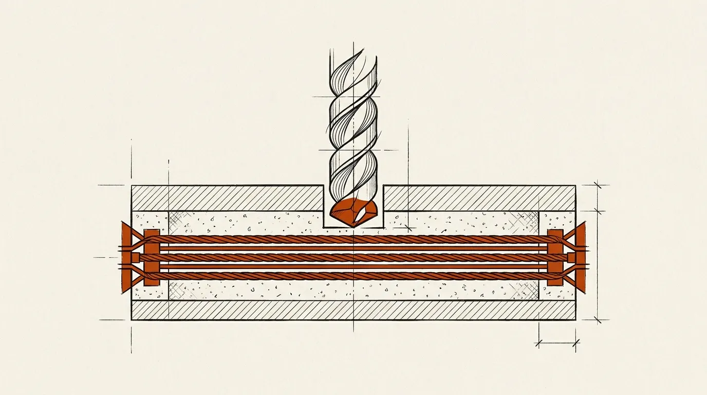 Diagram of a post-tensioned garage slab with cables inside the concrete