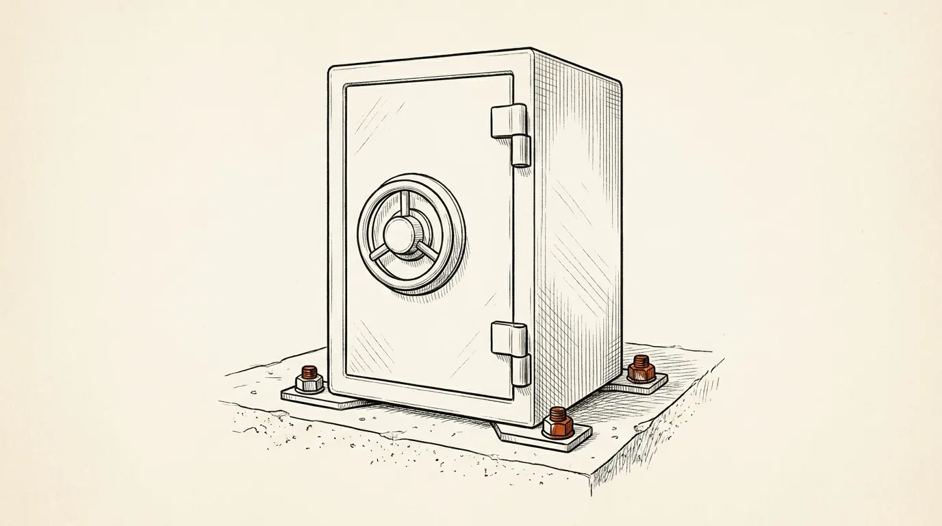 Illustration of a home safe anchored to a concrete floor with four bolts at its base