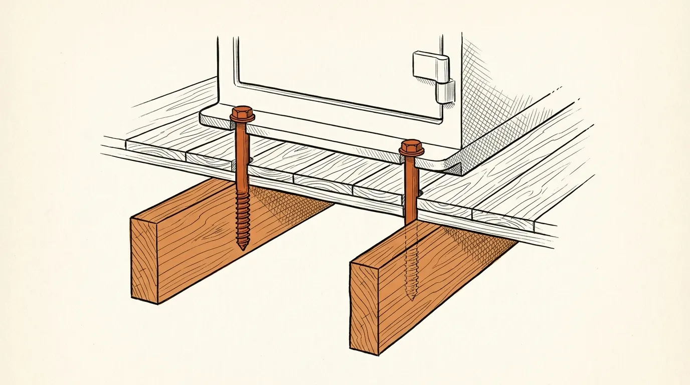 Diagram of lag bolts going through a safe floor into wooden floor joists