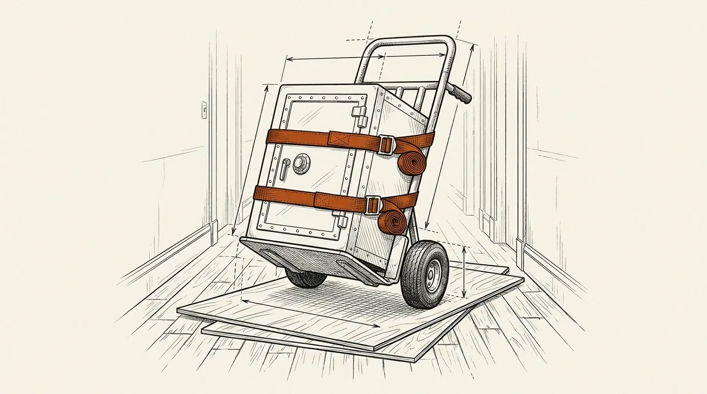 Closed safe strapped to an appliance dolly on plywood sheets in a hallway