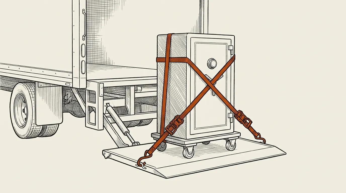 Upright safe on a dolly on a truck's hydraulic lift gate, held with ratchet straps