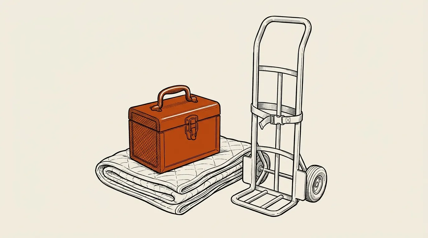 Small fire chest with a carrying handle on a moving blanket beside a hand truck