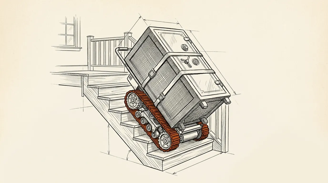 Tall safe strapped to an electric stair-climbing dolly on a staircase