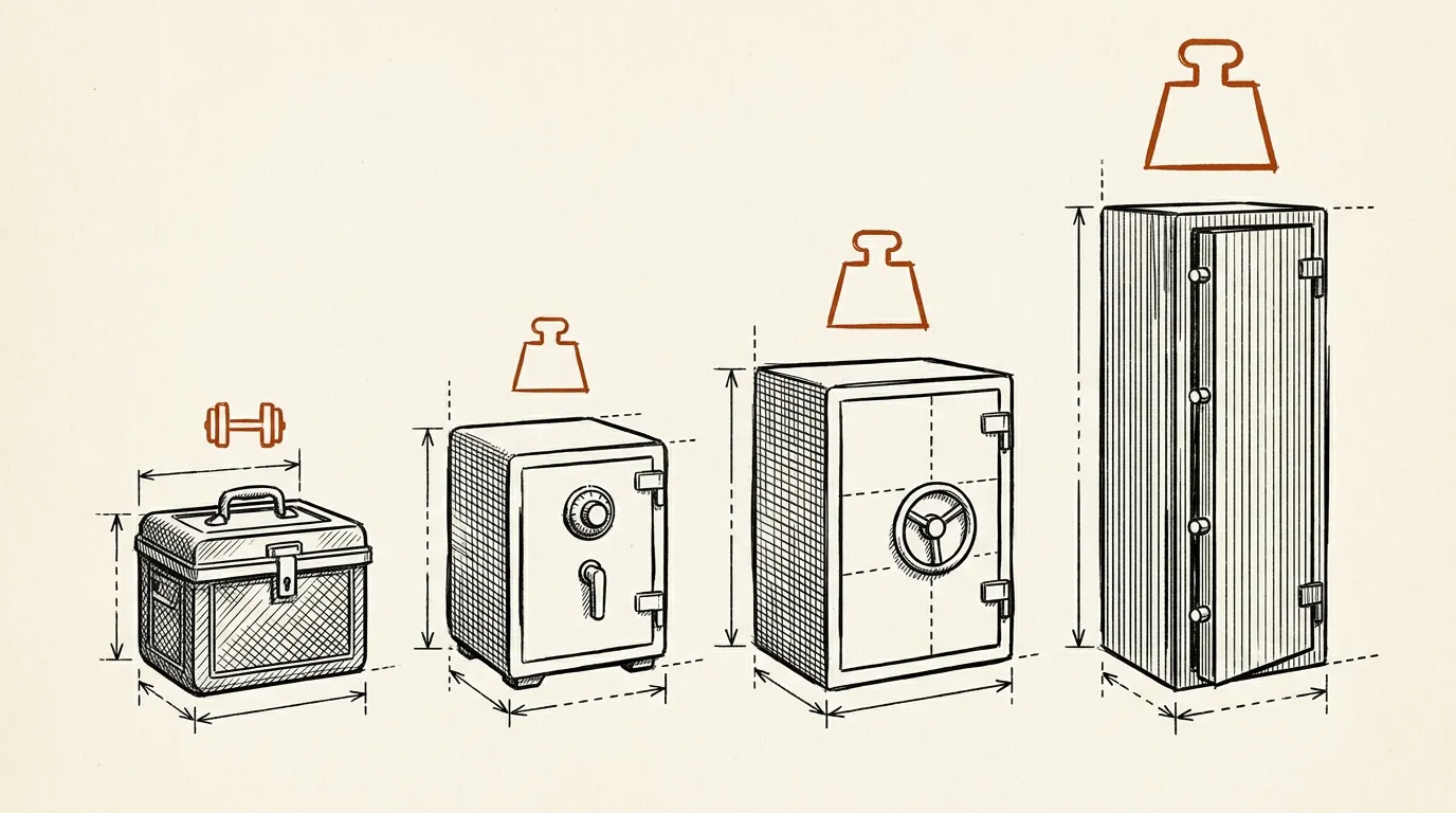 Row of safes from a small fire chest to a tall gun safe, each with a weight symbol that grows with size