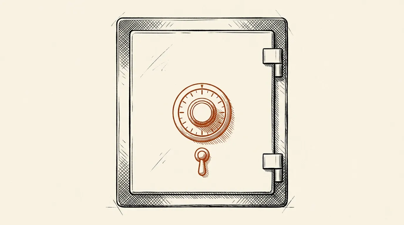 Closed safe door with a combination dial and handle, seen straight on