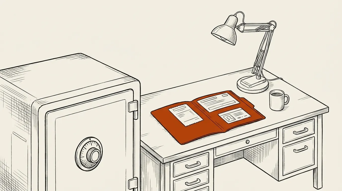 Closed safe beside a folder with a receipt, registration card and ID card
