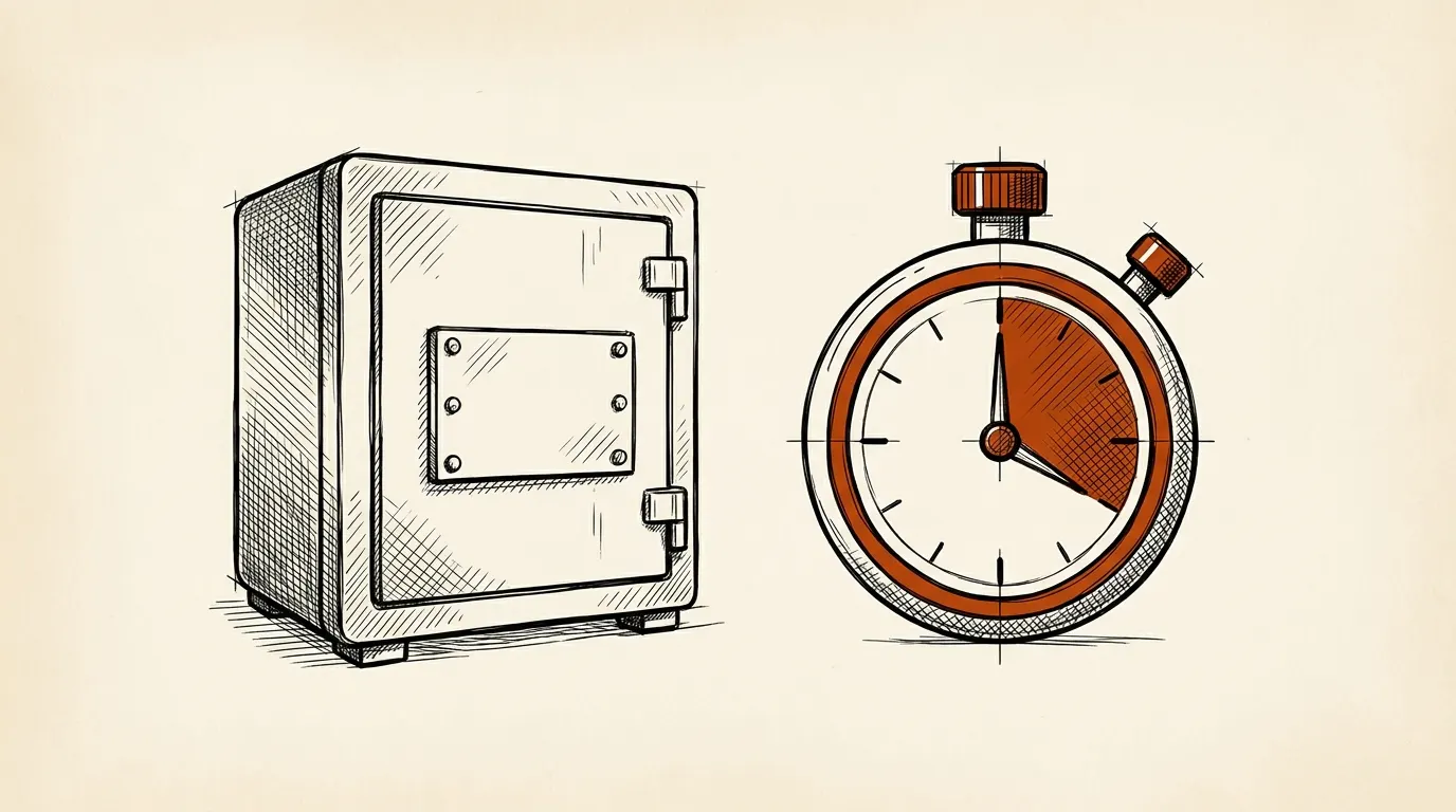 Closed safe with a blank rating label and a stopwatch symbol beside it