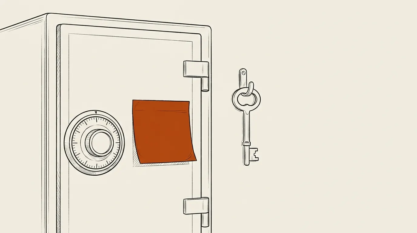 Blank sticky note stuck on a safe door beside the dial, with a key on a nearby wall hook