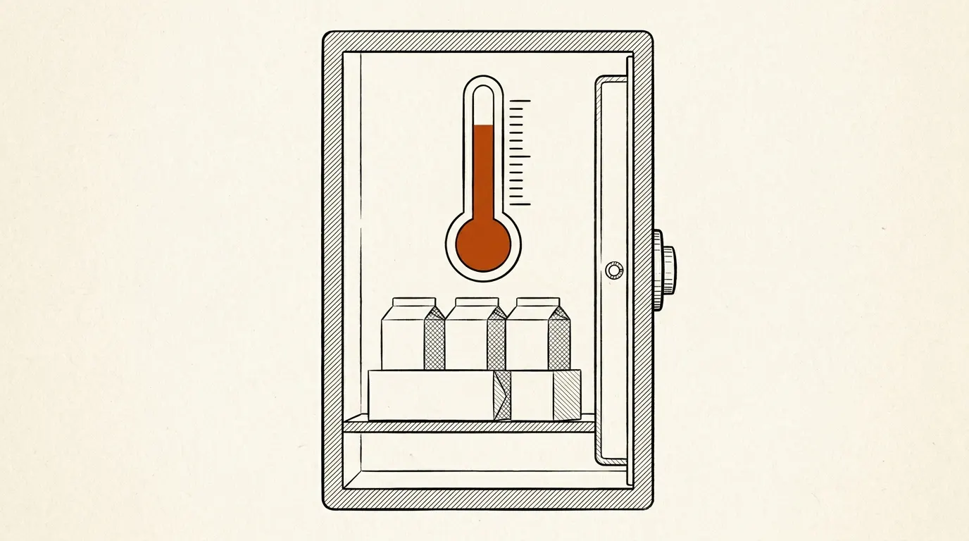 Diagram of a safe interior with a thermometer symbol beside ammunition cartons
