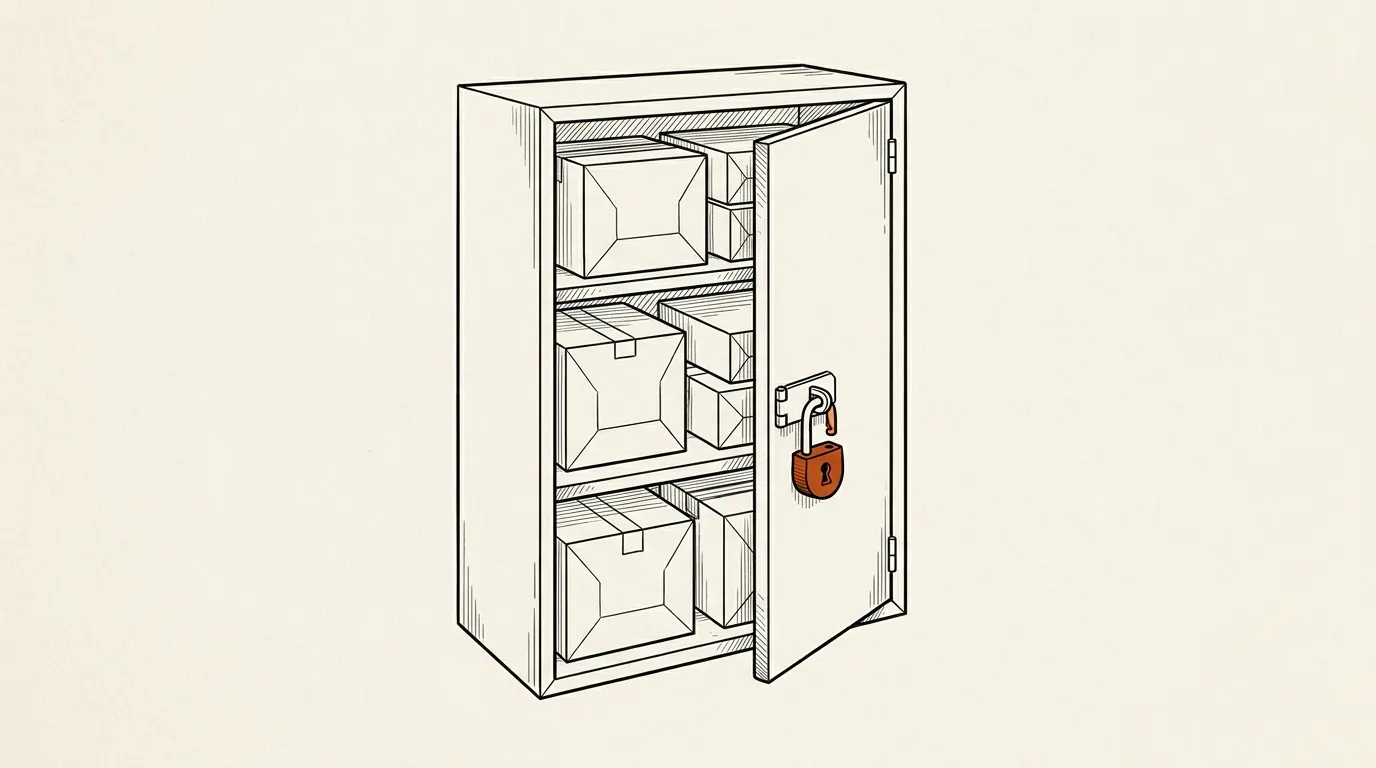 Steel cabinet with plain ammunition cartons on its shelves and a padlock