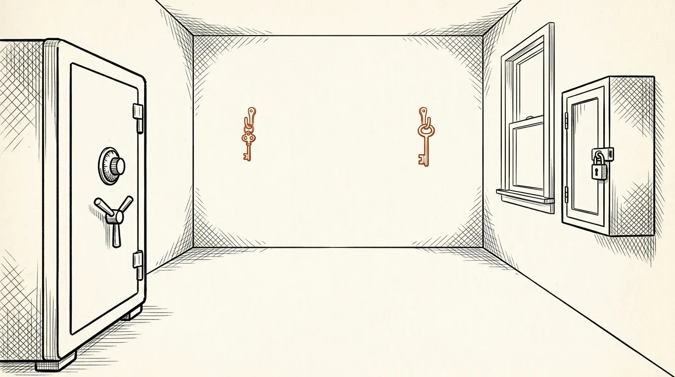 Gun safe and a separate locked ammo cabinet on opposite walls with keys kept apart