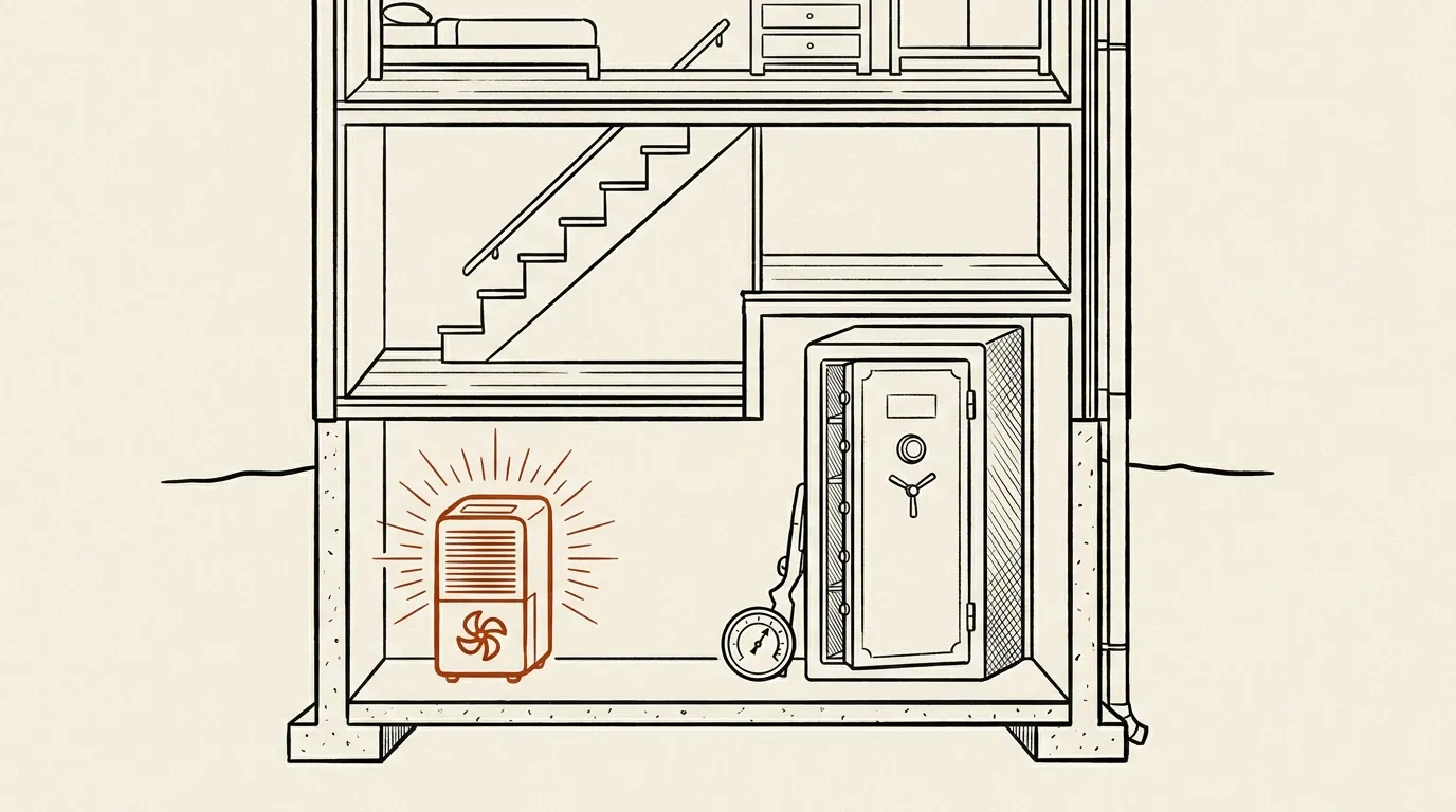 Cross-section of a house with a gun safe, dehumidifier and hygrometer in the basement