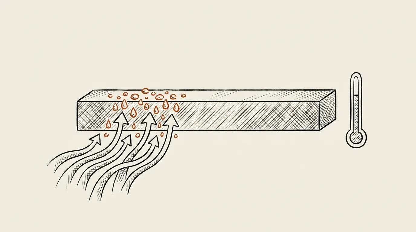 Diagram of warm air meeting cold steel and forming water droplets, with a thermometer icon