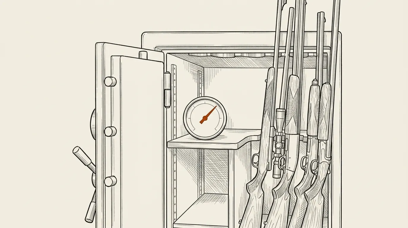 Open gun safe with stored long guns and a small hygrometer on the shelf