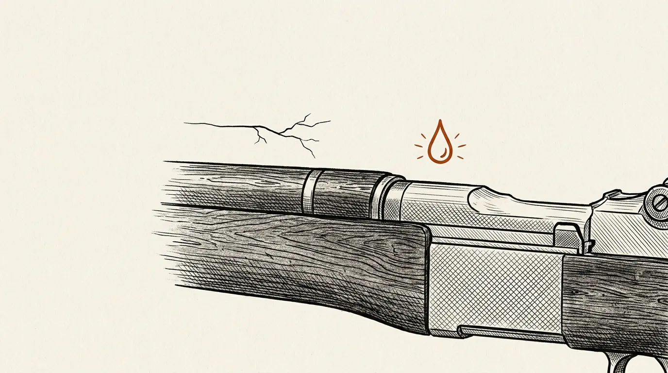 Stored rifle where wood stock meets steel, with moisture and crack symbols above each