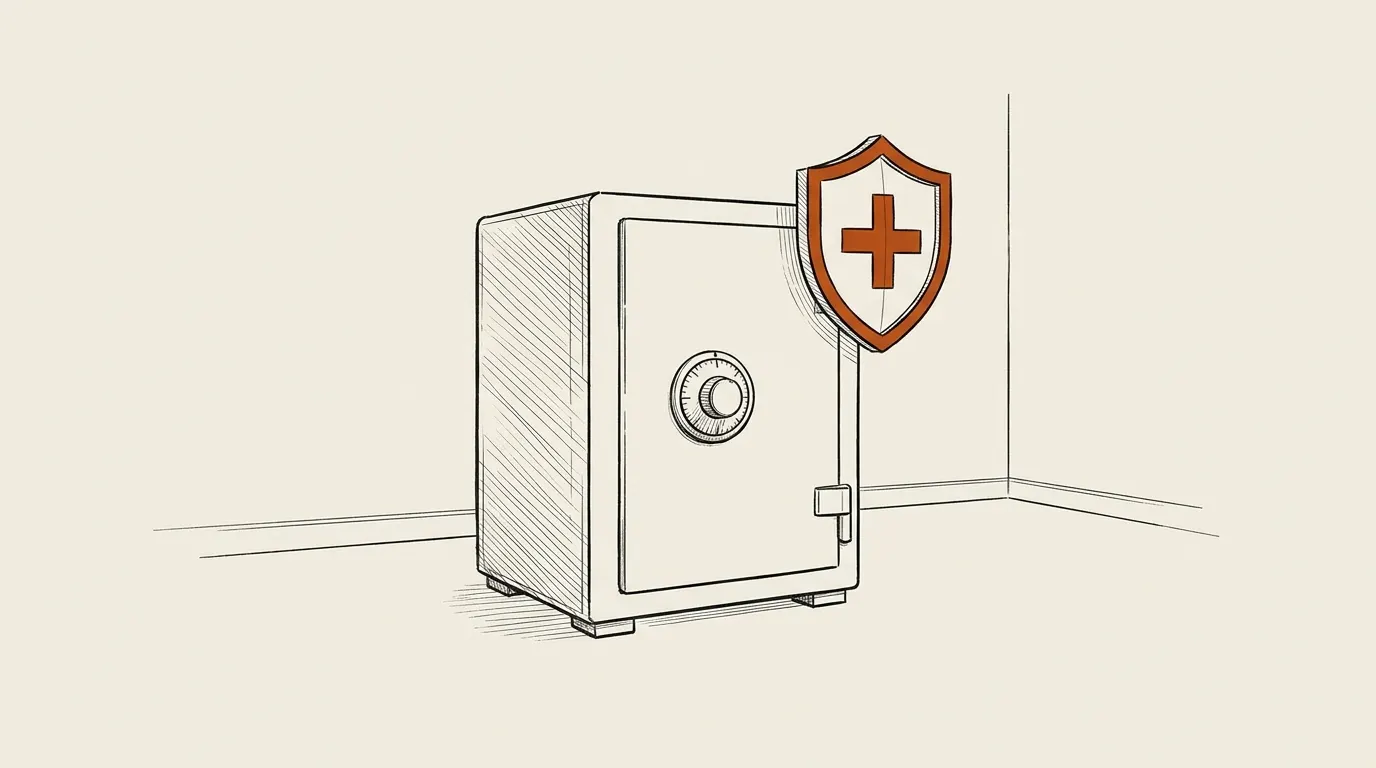 Closed, intact heavy safe with a dial beside a shield symbol