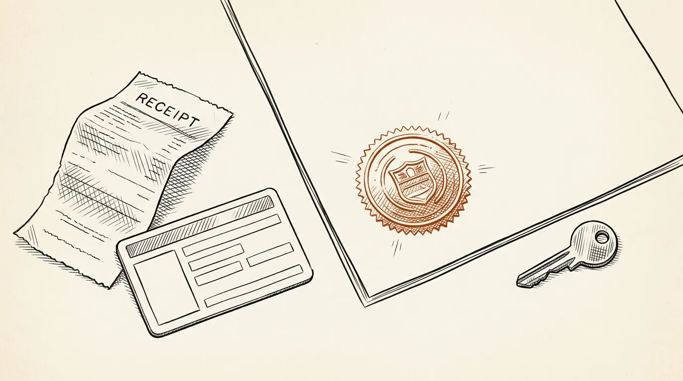 Receipt, blank ID card, sealed ownership document and key laid out on a desk