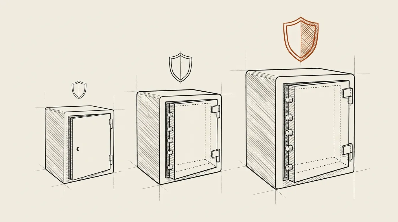 Three closed safes of increasing size, each with a larger shield symbol for higher ratings