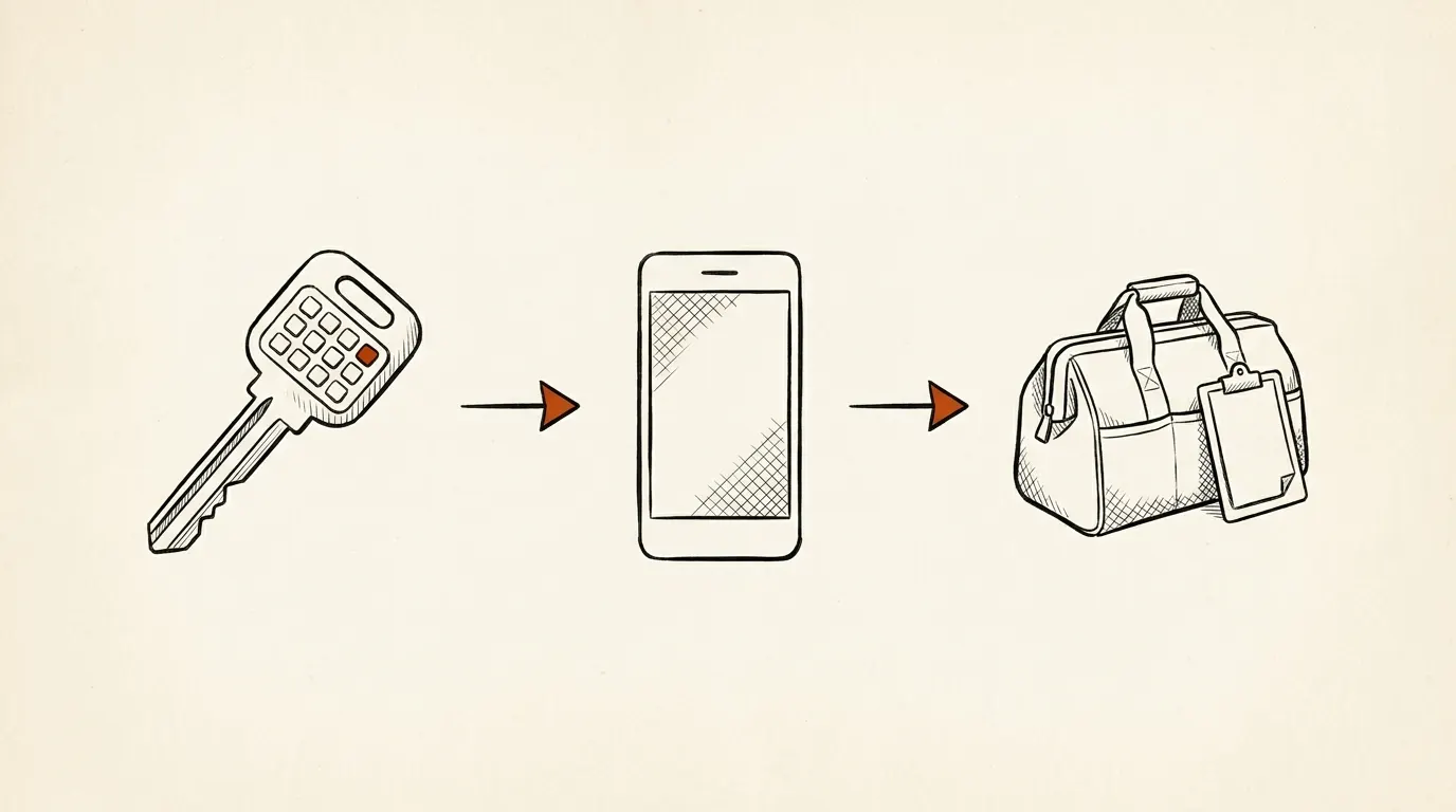 Three icons joined by arrows: key and keypad, phone, then a technician's bag and clipboard