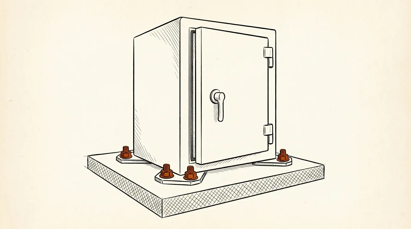 Closed safe bolted to a concrete floor with anchor bolts at its base