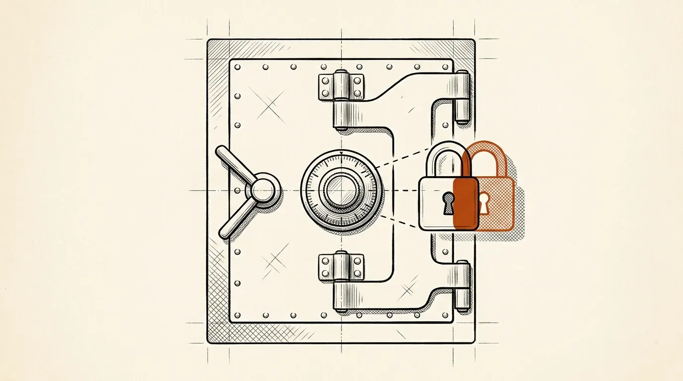 Closed safe door with two padlock symbols beside it representing a backup lock