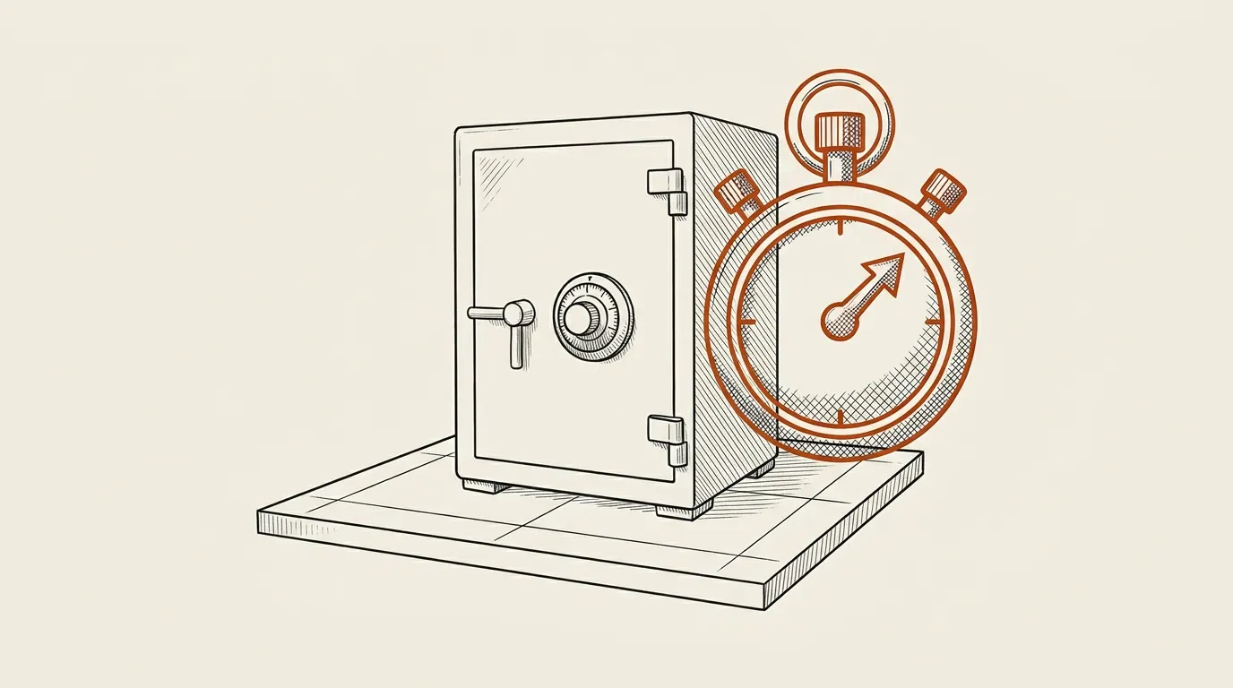 Closed safe on a test platform with a stopwatch symbol